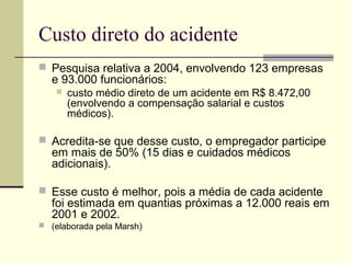 Custo direto do acidente 
 Pesquisa relativa a 2004, envolvendo 123 empresas 
e 93.000 funcionários: 
 custo médio direto de um acidente em R$ 8.472,00 
(envolvendo a compensação salarial e custos 
médicos). 
 Acredita-se que desse custo, o empregador participe 
em mais de 50% (15 dias e cuidados médicos 
adicionais). 
 Esse custo é melhor, pois a média de cada acidente 
foi estimada em quantias próximas a 12.000 reais em 
2001 e 2002. 
 (elaborada pela Marsh) 
 