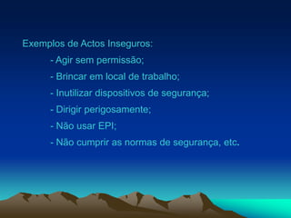 Exemplos de Actos Inseguros:
- Agir sem permissão;
- Brincar em local de trabalho;
- Inutilizar dispositivos de segurança;
- Dirigir perigosamente;
- Não usar EPI;
- Não cumprir as normas de segurança, etc.
 