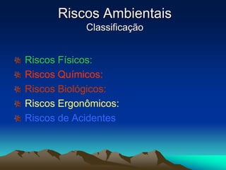 Riscos Ambientais
Classificação
Riscos Físicos:
Riscos Químicos:
Riscos Biológicos:
Riscos Ergonômicos:
Riscos de Acidentes
 