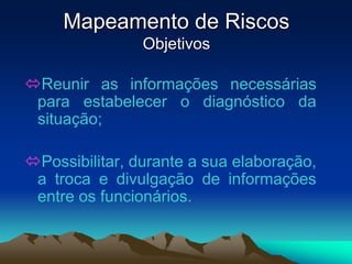 Mapeamento de Riscos
Objetivos
Reunir as informações necessárias
para estabelecer o diagnóstico da
situação;
Possibilitar, durante a sua elaboração,
a troca e divulgação de informações
entre os funcionários.
 