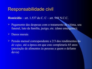 RReessppoonnssaabbiilliiddaaddee cciivviill 
Homicídio – art. 1.537 do C. C – art. 948 N.C.C. 
 Pagamento das despesas com o tratamento da vítima, seu 
funeral, luto da família, jazigo, etc. (dano emergente); 
 Danos morais 
 Pensão mensal correspondente a 2/3 dos rendimentos do 
de cujus, até a época em que este completaria 65 anos 
(prestação de alimentos às pessoas a quem o defunto 
devia) 
 