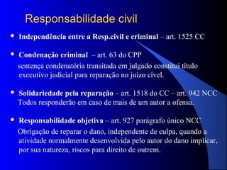 RReessppoonnssaabbiilliiddaaddee cciivviill 
 Independência entre a Resp.civil e criminal – art. 1525 CC 
 Condenação criminal – art. 63 do CPP 
sentença condenatória transitada em julgado constitui título 
executivo judicial para reparação no juízo cível. 
 Solidariedade pela reparação – art. 1518 do CC – art. 942 NCC 
Todos responderão em caso de mais de um autor a ofensa. 
 Responsabilidade objetiva – art. 927 parágrafo único NCC 
Obrigação de reparar o dano, independente de culpa, quando a 
atividade normalmente desenvolvida pelo autor do dano implicar, 
por sua natureza, riscos para direito de outrem. 
 