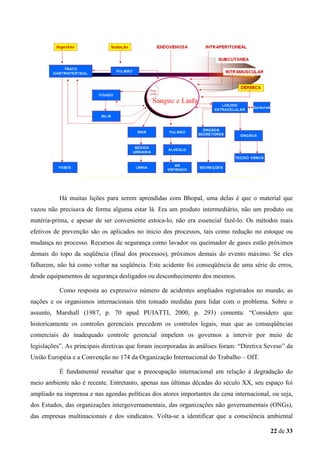 Há muitas lições para serem aprendidas com Bhopal, uma delas é que o material que
vazou não precisava de forma alguma estar lá. Era um produto intermediário, não um produto ou
matéria-prima, e apesar de ser conveniente estoca-lo, não era essencial fazê-lo. Os métodos mais
efetivos de prevenção são os aplicados no inicio dos processos, tais como redução no estoque ou
mudança no processo. Recursos de segurança como lavador ou queimador de gases estão próximos
demais do topo da seqüência (final dos processos), próximos demais do evento máximo. Se eles
falharem, não há como voltar na seqüência. Este acidente foi conseqüência de uma série de erros,
desde equipamentos de segurança desligados ou desconhecimento dos mesmos.
Como resposta ao expressivo número de acidentes ampliados registrados no mundo, as
nações e os organismos internacionais têm tomado medidas para lidar com o problema. Sobre o
assunto, Marshall (1987, p. 70 apud PUIATTI, 2000, p. 293) comenta: “Considero que
historicamente os controles gerenciais precedem os controles legais, mas que as conseqüências
comerciais do inadequado controle gerencial impelem os governos a intervir por meio de
legislações”. As principais diretivas que foram incorporadas às análises foram: “Diretiva Seveso” da
União Européia e a Convenção no 174 da Organização Internacional do Trabalho – OIT.
É fundamental ressaltar que a preocupação internacional em relação à degradação do
meio ambiente não é recente. Entretanto, apenas nas últimas décadas do século XX, seu espaço foi
ampliado na imprensa e nas agendas políticas dos atores importantes da cena internacional, ou seja,
dos Estados, das organizações intergovernamentais, das organizações não governamentais (ONGs),
das empresas multinacionais e dos sindicatos. Volta-se a identificar que a consciência ambiental
22 de 33

 