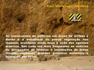 Praia Maria Luísa, Albufeira 
As construções de edifícios em áreas de arribas e 
dunas e a existência de pouca vegetação nas 
mesmas acentuam ainda mais a ação dos agentes 
erosivos. São cada vez mais frequentes as notícias 
de derrocadas de falésias e inundações de áreas 
litorais, causando grandes prejuízos materiais e 
humanos, por vezes. 
 