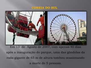 COREIA DO SUL
Em 13 de Agosto de 2007, com apenas 40 dias
após a inauguração do parque, uma das gôndolas da
roda-gigante de 65 m de altura tombou ocasionando
a morte de 5 pessoas.
 
