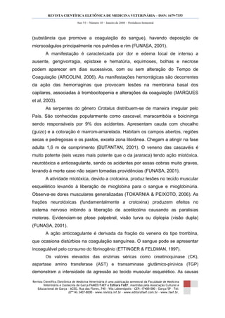 REVISTA CIENTÍFICA ELETÔNICA DE MEDICINA VETERINÁRIA – ISSN: 1679-7353
Revista Científica Eletrônica de Medicina Veterinária é uma publicação semestral da Faculdade de Medicina
Veterinária e Zootecnia de Garça FAMED/FAEF e Editora FAEF, mantidas pela Associação Cultural e
Educacional de Garça – ACEG. Rua das Flores, 740 – Vila Labienópolis – CEP: 17400-000 – Garça/SP – Tel:
(0**14) 3407-8000 – www.revista.inf.br – www.editorafaef.com.br – www.faef.br.
Ano VI – Número 10 – Janeiro de 2008 – Periódicos Semestral
(substância que promove a coagulação do sangue), havendo deposição de
microcoágulos principalmente nos pulmões e rim (FUNASA, 2001).
A manifestação é caracterizada por dor e edema local de intenso a
ausente, gengivorragia, epistaxe e hematúria, equimoses, bolhas e necrose
podem aparecer em dias sucessivos, com ou sem alteração do Tempo de
Coagulação (ARCOLINI, 2006). As manifestações hemorrágicas são decorrentes
da ação das hemorraginas que provocam lesões na membrana basal dos
capilares, associadas à trombocitopenia e alterações da coagulação (MARQUES
et al, 2003).
As serpentes do gênero Crotalus distribuem-se de maneira irregular pelo
País. São conhecidas popularmente como cascavel, maracambóia e boicininga
sendo responsáveis por 9% dos acidentes. Apresentam cauda com chocalho
(guizo) e a coloração é marrom-amarelada. Habitam os campos abertos, regiões
secas e pedregosas e os pastos, exceto zona litorânea. Chegam a atingir na fase
adulta 1,6 m de comprimento (BUTANTAN, 2001). O veneno das cascavéis é
muito potente (seis vezes mais potente que o da jararaca) tendo ação miotóxica,
neurotóxica e anticoagulante, sendo os acidentes por essas cobras muito graves,
levando à morte caso não sejam tomadas providências (FUNASA, 2001).
A atividade miotóxica, devido a crotoxina, produz lesões no tecido muscular
esquelético levando à liberação de mioglobina para o sangue e mioglobinúria.
Observa-se dores musculares generalizadas (TOKARNIA & PEIXOTO, 2006). As
frações neurotóxicas (fundamentalmente a crotoxina) produzem efeitos no
sistema nervoso inibindo a liberação de acetilcolina causando as paralisias
motoras. Evidenciam-se ptose palpebral, visão turva ou diplopia (visão dupla)
(FUNASA, 2001).
A ação anticoagulante é derivada da fração do veneno do tipo trombina,
que ocasiona distúrbios na coagulação sanguínea. O sangue pode se apresentar
incoagulável pelo consumo do fibrinogênio (ETTINGER & FELDMAN, 1997).
Os valores elevados das enzimas séricas como creatinoquinase (CK),
aspartase amino transferase (AST) e transaminase glutâmico-pirúvica (TGP)
demonstram a intensidade da agressão ao tecido muscular esquelético. As causas
 
