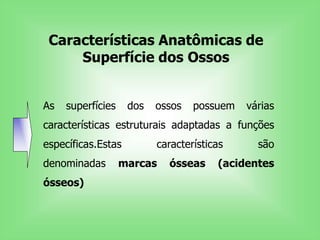 Características Anatômicas de
Superfície dos Ossos
As superfícies dos ossos possuem várias
características estruturais adaptadas a funções
específicas.Estas características são
denominadas marcas ósseas (acidentes
ósseos)
 