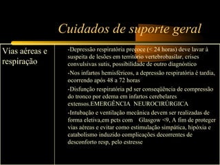 Cuidados de suporte geral
Vias aéreas e    -Depressão respiratória precoce (< 24 horas) deve lavar à
                 suspeita de lesões em território vertebrobasilar, crises
respiração       convulsivas sutis, possibilidade de outro diagnóstico
                 -Nos infartos hemisféricos, a depressão respiratória é tardia,
                 ocorrendo após 48 a 72 horas
                 -Disfunção respiratória pd ser conseqüência de compressão
                 do tronco por edema em infartos cerebelares
                 extensos.EMERGÊNCIA NEUROCIRÚRGICA
                 -Intubação e ventilação mecânica devem ser realizadas de
                 forma eletiva,em pcts com Glasgow <9, A fim de proteger
                 vias aéreas e evitar como estimulação simpática, hipóxia e
                 catabolismo induzido complicações decorrentes de
                 desconforto resp, pelo estresse
 