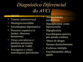 Diagnóstico Diferencial
do AVCi
• AVCH
• Trauma craniocervical
• Meningite/encefalite
• Encefalopatia hipertensiva
• Processo expansivo ic
(tumor, abscesso,
hematoma)
• Crises convulsivas c/
paralisia persistente
(paralisia de Todd)
• Enxaqueca c/ sinais
neurológicos persistentes
• Anormalidades
metabólicas:
- Hiperglicemia/ coma
hiperosmolar
- Hipoglicemia
- Encefalopatia anóxica
pós-parada cardíaca
- Abuso de drogas
- Doença desmielinizante
- Esclerose múltipla
- Encefalomielite difusa
aguda
 