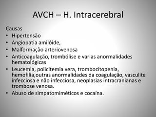 AVCH – H. Intracerebral
Causas
• Hipertensão
• Angiopatia amilóide,
• Malformação arteriovenosa
• Anticoagulação, trombólise e varias anormalidades
hematológicas
• Leucemia, policitemia vera, trombocitopenia,
hemofilia,outras anormalidades da coagulação, vasculite
infecciosa e não infecciosa, neoplasias intracranianas e
trombose venosa.
• Abuso de simpatomiméticos e cocaína.
 