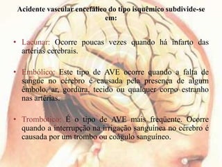 Acidente vascular encefálico do tipo isquêmico subdivide-se
em:
• Lacunar: Ocorre poucas vezes quando há infarto das
artérias cerebrais.
• Embólico: Este tipo de AVE ocorre quando a falta de
sangue no cérebro é causada pela presença de algum
êmbolo, ar, gordura, tecido ou qualquer corpo estranho
nas artérias.
• Trombótico: É o tipo de AVE mais freqüente. Ocorre
quando a interrupção na irrigação sanguínea no cérebro é
causada por um trombo ou coágulo sanguíneo.
 