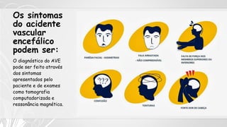 Os sintomas
do acidente
vascular
encefálico
podem ser:
O diagnóstico do AVE
pode ser feito através
dos sintomas
apresentados pelo
paciente e de exames
como tomografia
computadorizada e
ressonância magnética.
 