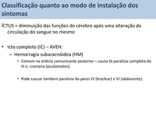 Classificação quanto ao modo de instalação dos
sintomas
ÍCTUS = diminuição das funções do cérebro após uma alteração da
   circulação do sangue no mesmo

• Icto completo (IC) – AVEH:
   – Hemorragia subaracnóidea (HM)
       • Comum na artéria comunicante posterior – causa tb paralisia completa do
         III n. craniano (oculomotor);

       • Pode causar tambem paralisia do pares IV (troclear) e VI (abducente).
 