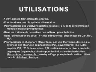 UTILISATIONS
-A 90 % dans la fabrication des engrais.
- Pour fabriquer des phosphates alimentaires.
- Pour fabriquer des tripolyphosphates (lessives), 3 % de la consommation
mondiale d'acide phosphorique.
- Dans les traitements de surface des métaux : phosphatation.
- Dans l'alimentation du bétail (4 % des débouchés) : phosphates de Ca2+
, Na+
,
Mg2+
.
- Pour fabriquer le phosphore élémentaire, par voie thermique, destiné à la
synthèse des chlorures de phosphore (PCl3, oxychlorures) : 50 % des
emplois, P2S5 : 25 % des emplois, P2O5 destiné à élaborer divers produits
organiques (organophosphorés) pour les industries des herbicides,
élastomères, tensioactifs… ainsi que l'hypophosphate de sodium utilisé
dans le nickelage chimique.
 