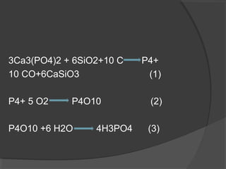 3Ca3(PO4)2 + 6SiO2+10 C P4+
10 CO+6CaSiO3 (1)
P4+ 5 O2 P4O10 (2)
P4O10 +6 H2O 4H3PO4 (3)
 