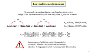 11
Les réactions acido-basiques
Deux couples acide/base (autres que l’eau) sont mis en jeu.
L’objectif est de déterminer la constante d’équilibre (Kc) de ces réactions.
Ka1 = [Base1].[H3O+]/[Acide1]
Ka2 = [Base2].[H3O+]/[Acide2]Acide1(aq) + Base2(aq) ⇌ Base1(aq) + Acide2(aq)
H+ H+
𝐾𝑐 =
𝐵𝑎𝑠𝑒1 . 𝐴𝑐𝑖𝑑𝑒2
𝐴𝑐𝑖𝑑𝑒1 . 𝐵𝑎𝑠𝑒2
=
𝐵𝑎𝑠𝑒1 . 𝐴𝑐𝑖𝑑𝑒2
𝐴𝑐𝑖𝑑𝑒1 . 𝐵𝑎𝑠𝑒2
∙
𝐻3 𝑂+
𝐻3 𝑂+
=
𝐾 𝑎1
𝐾 𝑎2
Les constantes d’acidité permettent de calculer les
constantes d’équilibre des réactions acido-basiques.
Attention de ne pas confondre le numérateur et le dénominateur !
 