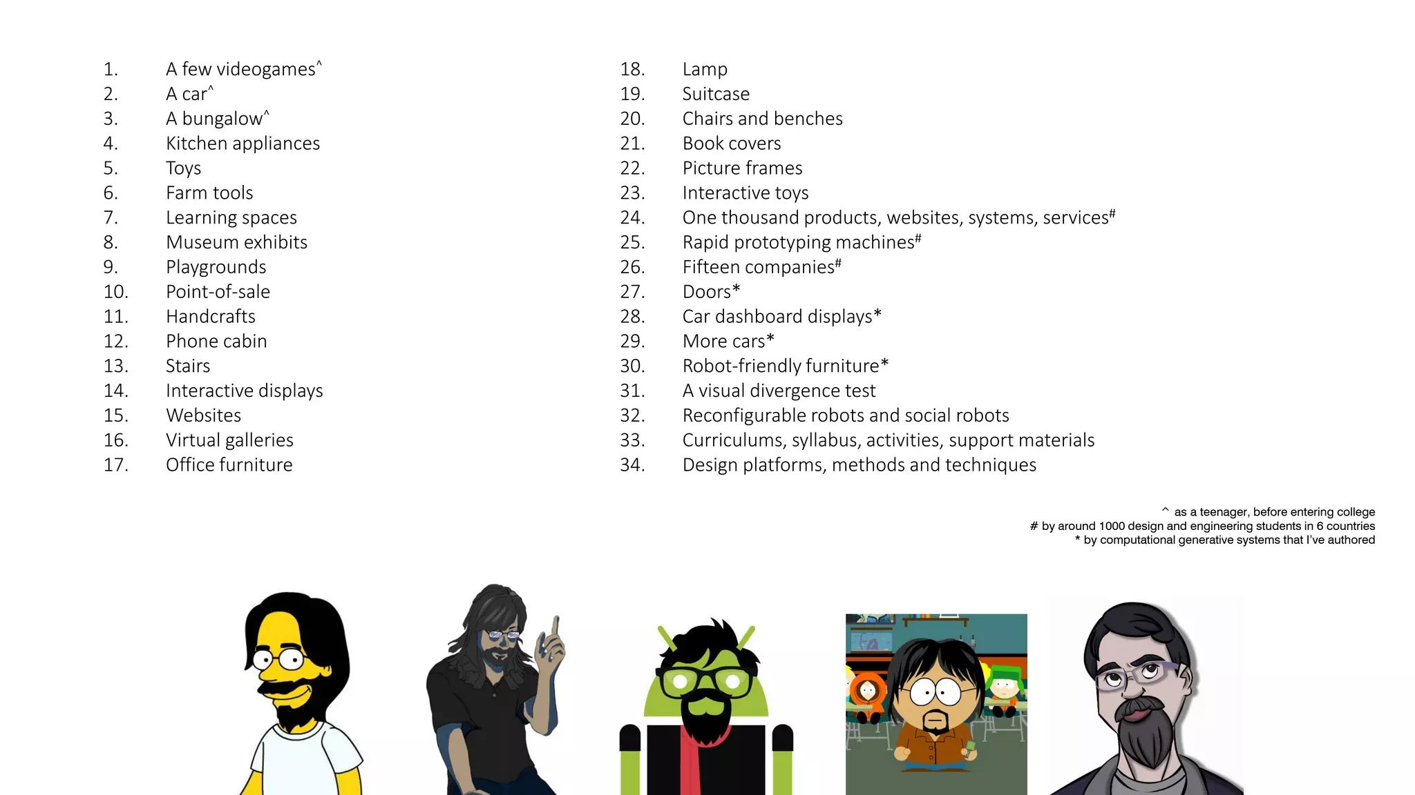 1. A few videogames^
2. A car^
3. A bungalow^
4. Kitchen appliances
5. Toys
6. Farm tools
7. Learning spaces
8. Museum exhibits
9. Playgrounds
10. Point-of-sale
11. Handcrafts
12. Phone cabin
13. Stairs
14. Interactive displays
15. Websites
16. Virtual galleries
17. Office furniture
18. Lamp
19. Suitcase
20. Chairs and benches
21. Book covers
22. Picture frames
23. Interactive toys
24. One thousand products, websites, systems, services#
25. Rapid prototyping machines#
26. Fifteen companies#
27. Doors*
28. Car dashboard displays*
29. More cars*
30. Robot-friendly furniture*
31. A visual divergence test
32. Reconfigurable robots and social robots
33. Curriculums, syllabus, activities, support materials
34. Design platforms, methods and techniques
^ as a teenager, before entering college
# by around 1000 design and engineering students in 6 countries
* by computational generative systems that I’ve authored
 