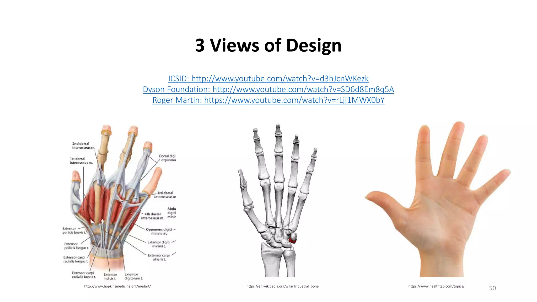 3 Views of Design
ICSID: http://www.youtube.com/watch?v=d3hJcnWKezk
Dyson Foundation: http://www.youtube.com/watch?v=SD6d8Em8q5A
Roger Martin: https://www.youtube.com/watch?v=rLjj1MWX0bY
http://www.hopkinsmedicine.org/medart/ https://en.wikipedia.org/wiki/Triquetral_bone https://www.healthtap.com/topics/
50
 