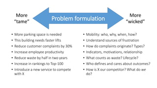Problem formulation
More
“tame”
More
“wicked”
• More parking space is needed
• This building needs faster lifts
• Reduce customer complaints by 30%
• Increase employee productivity
• Reduce waste by half in two years
• Increase in rankings to Top-100
• Introduce a new service to compete
with X
• Mobility: who, why, when, how?
• Understand sources of frustration
• How do complaints originate? Types?
• Indicators, motivations, relationship
• What counts as waste? Lifecycle?
• Who defines and cares about outcomes?
• How is X our competitor? What do we
do?
 