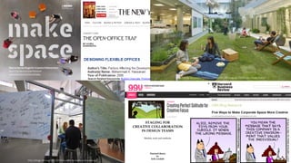 http://www.inc.com/ss/jessica-stillman/10-office-design-tips-foster-creativity#10
http://blogs.hbr.org/2012/03/five-ways-to-make-corporate-sp/
 