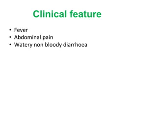 Clinical feature
• Fever
• Abdominal pain
• Watery non bloody diarrhoea
 