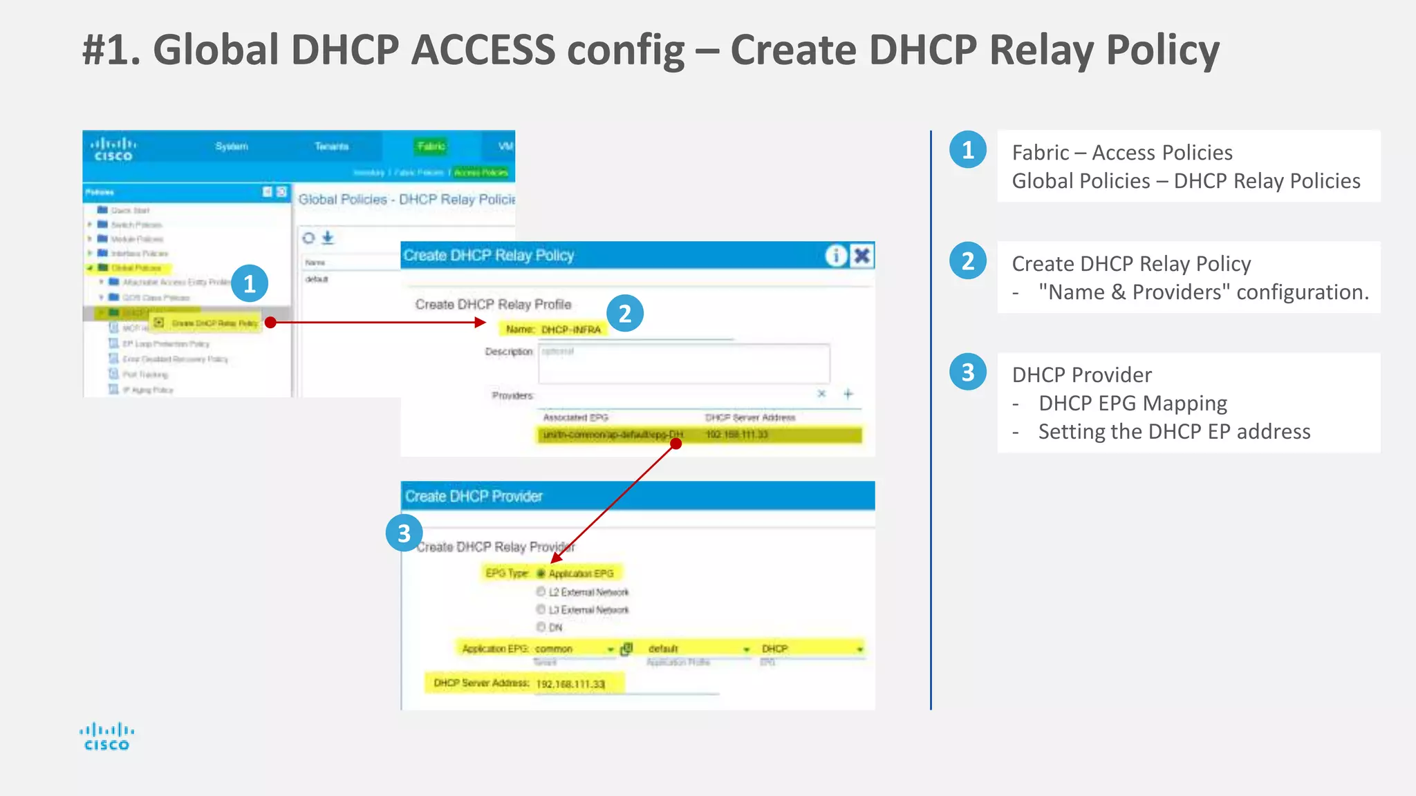 #1. Global DHCP ACCESS config – Create DHCP Relay Policy
1 Fabric – Access Policies
Global Policies – DHCP Relay Policies
2 Create DHCP Relay Policy
- "Name & Providers" configuration.
3 DHCP Provider
- DHCP EPG Mapping
- Setting the DHCP EP address
1
2
3
 