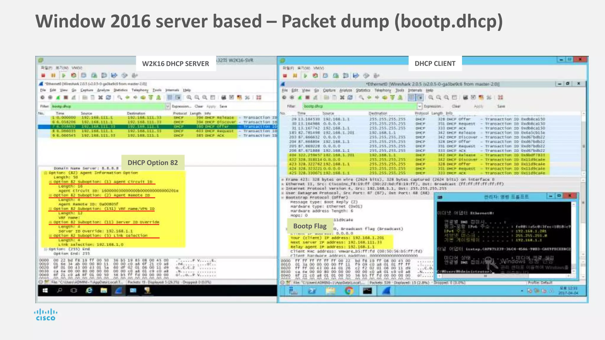 Window 2016 server based – Packet dump (bootp.dhcp)
W2K16 DHCP SERVER DHCP CLIENT
DHCP Option 82
Bootp Flag
 