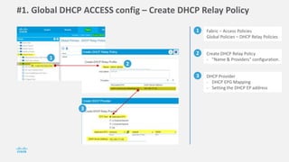 #1. Global DHCP ACCESS config – Create DHCP Relay Policy
1 Fabric – Access Policies
Global Policies – DHCP Relay Policies
2 Create DHCP Relay Policy
- "Name & Providers" configuration.
3 DHCP Provider
- DHCP EPG Mapping
- Setting the DHCP EP address
1
2
3
 