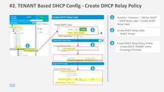 #2. TENANT Based DHCP Config - Create DHCP Relay Policy
1 Tenants – Common – “BD for DHCP”
– DHCP Relay Lable – Create DHCP
Relay Label
2 Create DHCP Relay Lable
- Select Tenant
3 Create DHCP Relay Policy Profile
- Create DHCP-TENANT name
- Creating a Provider
1
2
3
3
 