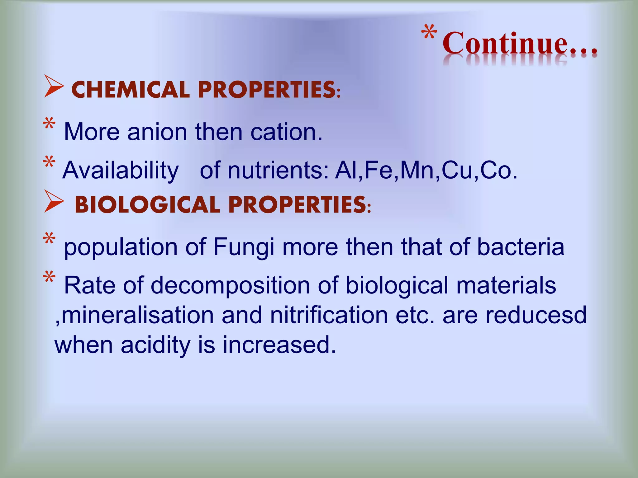 *Continue…
CHEMICAL PROPERTIES:
* More anion then cation.
* Availability of nutrients: Al,Fe,Mn,Cu,Co.
 BIOLOGICAL PROPERTIES:
* population of Fungi more then that of bacteria
* Rate of decomposition of biological materials
,mineralisation and nitrification etc. are reducesd
when acidity is increased.
 