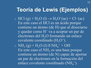 12
Teoría de Lewis (Ejemplos)
HCl (g) + H2O (l) → H3O+(ac) + Cl– (ac)
En este caso el HCl es un ácido porque
contiene un átomo (de H) que al disociarse
y quedar como H+ va a aceptar un par de
electrones del H2O formando un enlace
covalente coordinado (H3O+).
NH3 (g) + H2O (l) NH4
+ + OH–
En este caso el NH3 es una base porque
contiene un átomo (de N) capaz de aportar
un par de electrones en la formación del
enlace covalente coordinado (NH4
+).
 
