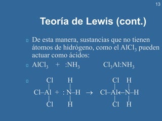 13
Teoría de Lewis (cont.)
De esta manera, sustancias que no tienen
átomos de hidrógeno, como el AlCl3 pueden
actuar como ácidos:
AlCl3 + :NH3 Cl3Al:NH3
Cl H Cl H
| | | |
Cl–Al + : N–H → Cl–AlN–H
| | | |
Cl H Cl H
 