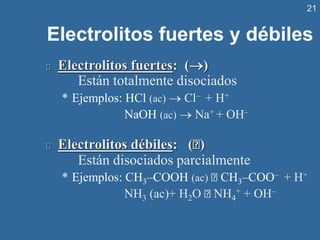 21
Electrolitos fuertes y débiles
Electrolitos fuertes: (→)
Están totalmente disociados
* Ejemplos: HCl (ac) → Cl– + H+
NaOH (ac) → Na+ + OH–
Electrolitos débiles: ( )
Están disociados parcialmente
* Ejemplos: CH3–COOH (ac) CH3–COO– + H+
NH3 (ac)+ H2O NH4
+ + OH–
 