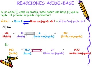 REACCIONES   ÁCIDO-BASE Si un ácido (l) cede un protón, debe haber una base (ll) que lo capte. El proceso se puede representar: Ácido l   +  Base ll   Base conjugada de l  +  Ácido Conjugado de ll   O bien: HA   +  B   A -   +  BH +   (ácido)   (base)   (base conjugada)   (ácido conjugado) Ej.: HCl  +  H 2 O  Cl -   +  H 3 O + (ácido) (base) (Base conjugada) (ácido conjugado) 