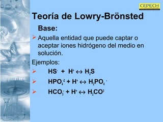 Teoría de Lowry-Brönsted Base: Aquella entidad que puede captar o aceptar iones hidrógeno del medio en solución.   Ejemplos: HS -   +  H +     H 2 S HPO 4 -2  + H +     H 2 PO 4   - HCO 3 -  + H +     H 2 CO 3 