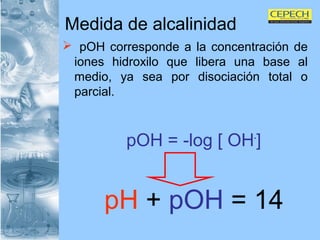 Medida de alcalinidad pOH corresponde a la concentración de iones hidroxilo que libera una base al medio, ya sea por disociación total o parcial. pOH = -log [ OH - ]   pH  +  pOH  = 14 