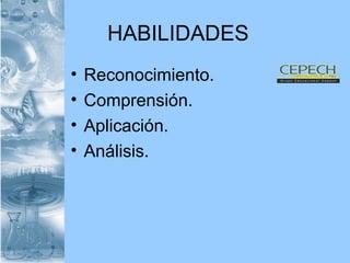HABILIDADES Reconocimiento. Comprensión. Aplicación. Análisis. 