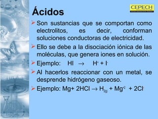 Ácidos Son sustancias que se comportan como electrolitos, es decir, conforman soluciones conductoras de electricidad.  Ello se debe a la disociación iónica de las moléculas, que genera iones en solución. Ejemplo:   HI    H +  + I - Al hacerlos reaccionar con un metal, se desprende hidrógeno gaseoso. Ejemplo: Mg+ 2HCl    H 2(g)  + Mg +2   + 2Cl - 