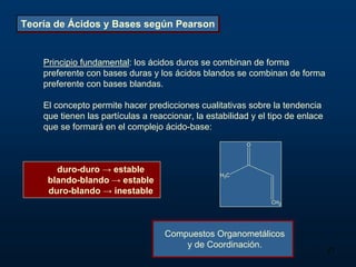 Teoría de Ácidos y Bases según Pearson


    Principio fundamental: los ácidos duros se combinan de forma
    preferente con bases duras y los ácidos blandos se combinan de forma
    preferente con bases blandas.

    El concepto permite hacer predicciones cualitativas sobre la tendencia
    que tienen las partículas a reaccionar, la estabilidad y el tipo de enlace
    que se formará en el complejo ácido-base:
                                                         O



       duro-duro → estable
                                                  H3C
     blando-blando → estable
     duro-blando → inestable
                                                                CH2




                                    Compuestos Organometálicos
                                        y de Coordinación.
                                                                                 21
 
