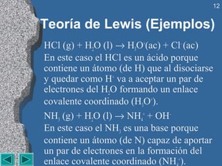 12


Teoría de Lewis (Ejemplos)
HCl (g) + H2O (l) → H3O+(ac) + Cl– (ac) 
En este caso el HCl es un ácido porque 
contiene un átomo (de H) que al disociarse 
y quedar como H+ va a aceptar un par de 
electrones del H2O formando un enlace 
covalente coordinado (H3O+). 
NH3 (g) + H2O (l) → NH4+ + OH– 
En este caso el NH3 es una base porque 
contiene un átomo (de N) capaz de aportar 
un par de electrones en la formación del 
enlace covalente coordinado (NH +). 
 