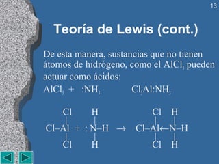 13



         Teoría de Lewis (cont.)
      De esta manera, sustancias que no tienen 
      átomos de hidrógeno, como el AlCl3 pueden 
      actuar como ácidos:
      AlCl3      +   :NH3             Cl3Al:NH3 
   
              Cl        H                      Cl    H
               |           |                        |       | 
       Cl–Al  +  : N–H   →    Cl–Al←N–H
               |           |                        |       | 
              Cl        H                      Cl    H
 