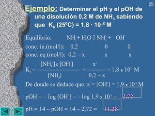 29
Ejemplo: Determinar el pH y el pOH de
   una disolución 0,2 M de NH3 sabiendo
   que Kb (25ºC) = 1,8 · 10–5 M

Equilibrio:      NH3 + H2O  NH4+ + OH–
conc. in.(mol/l): 0,2          0        0
conc. eq.(mol/l): 0,2 – x      x        x
      [NH4+] x [OH–]      x2
Kb = ——————— = ——— = 1,8 x 10–5 M
        [NH3]           0,2 – x
De donde se deduce que x = [OH–] = 1,9 x 10–3 M

pOH = – log [OH–] = – log 1,9 x 10–3 = 2,72

pH = 14 – pOH = 14 – 2,72 =    11,28
 