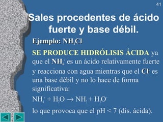 41


Sales procedentes de ácido
    fuerte y base débil.
Ejemplo: NH4Cl
SE PRODUCE HIDRÓLISIS ÁCIDA ya
que el NH4+ es un ácido relativamente fuerte
y reacciona con agua mientras que el Cl– es
una base débil y no lo hace de forma
significativa:
NH4+ + H2O → NH3 + H3O+
lo que provoca que el pH < 7 (dis. ácida).
 