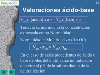 Simulación                                                52


              Valoraciones ácido-base
             Vácido x [ácido] x a = Vbase x [base] x b
             Todavía se usa mucho la concentración
             expresada como Normalidad:
             Normalidad = Molaridad x n (H u OH)
                     Vácido x Nácido = Vbase x Nbase
             En el caso de sales procedentes de ácido o
             base débiles debe utilizarse un indicador
             que vire al pH de la sal resultante de la
             neutralización.
 