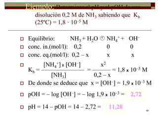 48 
Ejemplo: Determinar el pH y el pOH de una 
disolución 0,2 M de NH3 sabiendo que Kb 
(25ºC) = 1,8 · 10–5 M 
 Equilibrio: NH3 + H2O  NH4 
+ + OH– 
 conc. in.(mol/l): 0,2 0 0 
 conc. eq.(mol/l): 0,2 – x x x 
+ x OH– x2 
 NH4 
Kb = ——————— = ——— = 1,8 x 10–5 M 
NH3 0,2 – x 
 De donde se deduce que x = OH– = 1,9 x 10–3 M 
 pOH = – log OH– = – log 1,9 x 10–3 = 2,72 
 pH = 14 – pOH = 14 – 2,72 = 11,28 
 
