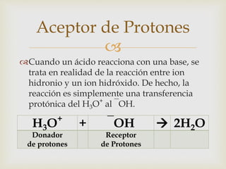 Aceptor de Protones 
 
Cuando un ácido reacciona con una base, se 
trata en realidad de la reacción entre ion 
hidronio y un ion hidróxido. De hecho, la 
reacción es simplemente una transferencia 
protónica del H3O+ al ‾OH. 
H3O+ + ‾OH  2H2O 
Donador 
Receptor 
de protones 
de Protones 
 
