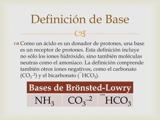Definición de Base 
 
 Como un ácido es un donador de protones, una base 
es un receptor de protones. Esta definición incluye 
no sólo los iones hidróxido, sino también moléculas 
neutras como el amoniaco. La definición comprende 
también otros iones negativos, como el carbonato 
(CO3‾ 
2) y el bicarbonato (‾HCO3). 
Bases de Brönsted-Lowry 
NH3 CO3‾ 
2 ‾HCO3 
 