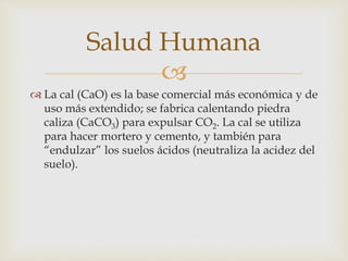 Salud Humana 
 
 La cal (CaO) es la base comercial más económica y de 
uso más extendido; se fabrica calentando piedra 
caliza (CaCO3) para expulsar CO2. La cal se utiliza 
para hacer mortero y cemento, y también para 
“endulzar” los suelos ácidos (neutraliza la acidez del 
suelo). 
 