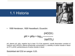 1.1 Historia
• 1908 Henderson, 1926 Hasselbach, Ecuación:
(HCO3-)
pH = pKa + log10 ------------
(αpCO2)
pH, plasma pH; pKa, negative log to base 10 of the apparent, overall dissociation constant of
carbonic acid; [HCO3-], plasma bicarbonate concentration; α, solubility of carbon dioxide in blood
at 37°C; pCO2, partial pressure of carbon dioxide in blood.
Solubilidad del CO2 en sangre: 0,03.
 