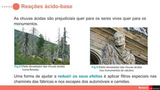 As chuvas ácidas são prejudiciais quer para os seres vivos quer para os
monumentos.
Reações ácido-base
Fig.8 Efeito devastador das chuvas ácidas
numa floresta.
Fig.9 Efeito devastador das chuvas ácidas
nos monumentos de calcário.
Uma forma de ajudar a reduzir os seus efeitos é aplicar filtros especiais nas
chaminés das fábricas e nos escapes dos automóveis e camiões.
 